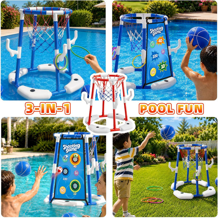 3-In-1 Pool Basketballkorb Outdoor, Schwimmender Basketballkorb, Pool Spielzeug Mit 4 Basketbälle,12