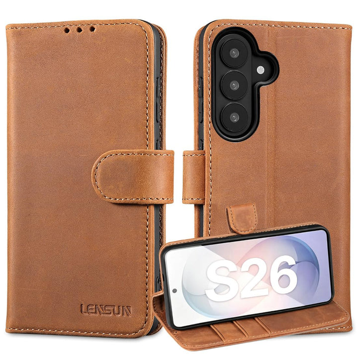 LENSUN Echtleder Hülle für Samsung Galaxy S26, Handyhülle [Premium Echtes Leder][RFID Schutz Tasche]
