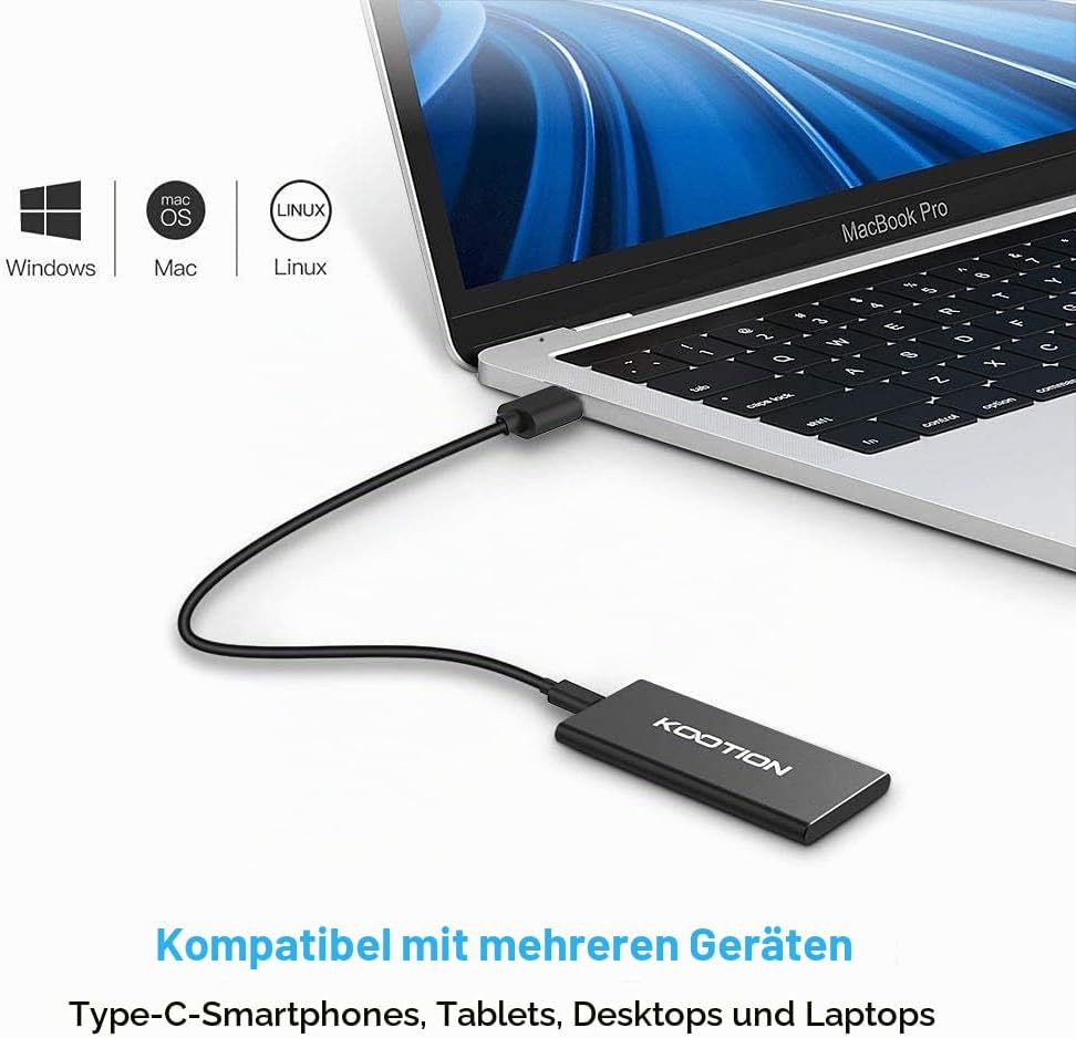 KOOTION Externe Portable SSD 250GB USB 3.1 Typ-C Schnell Solid State Drive Disk High Speed bis zu 55