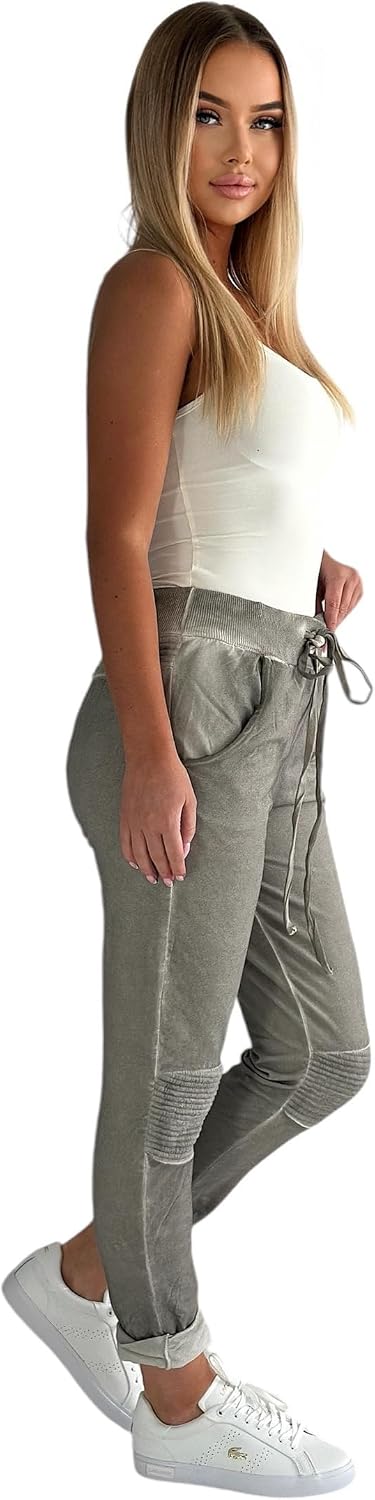 Mississhop Damen Hose Freizeithose Stoffhose Boyfriend Sweatpants im Biker Look mit Bahnendesign am