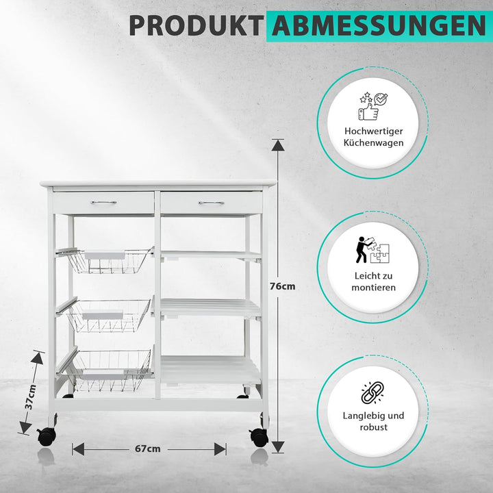 DRULINE Servierwagen Beistellwagen 37x67x76 cm, Multifunktionaler Küchentrolley mit 6 Ebenen, Mobile