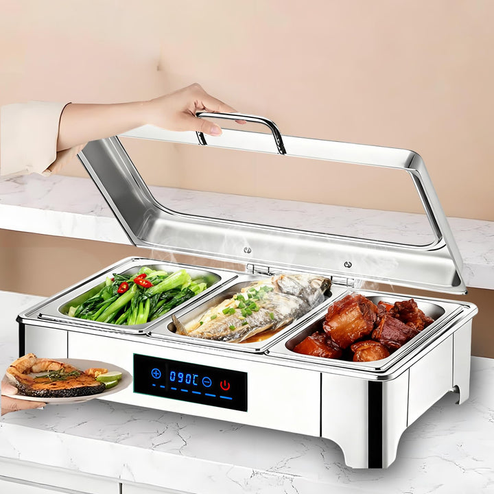 Elektrischer Chafing Dish Glasdeckel, 9L Edelstahl(1/3 Pan), 1/3 Pan