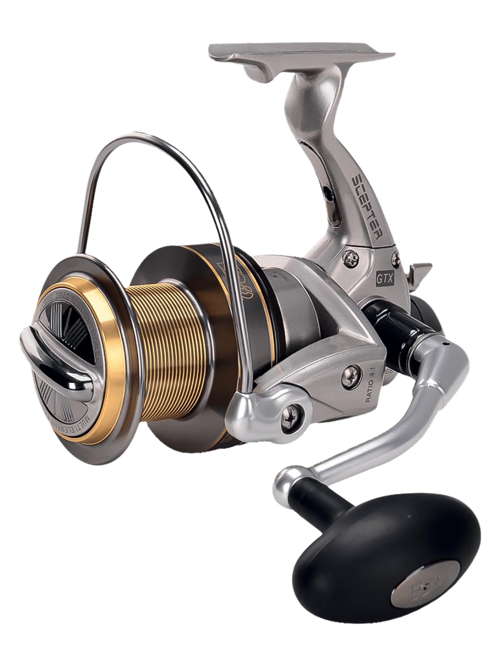 Tica Scepter GTX 9000 4.1 Surf Casting, 4,1 Angelrollen, Metallic-Grau, Schwarz
