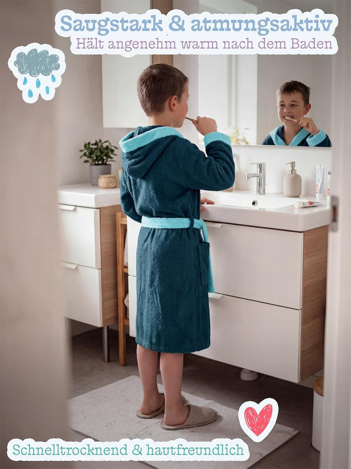normani Kinder-Bademantel mit Kapuze aus 100% Bio-Baumwolle - für Jungen und Mädchen, 98-104 Blau