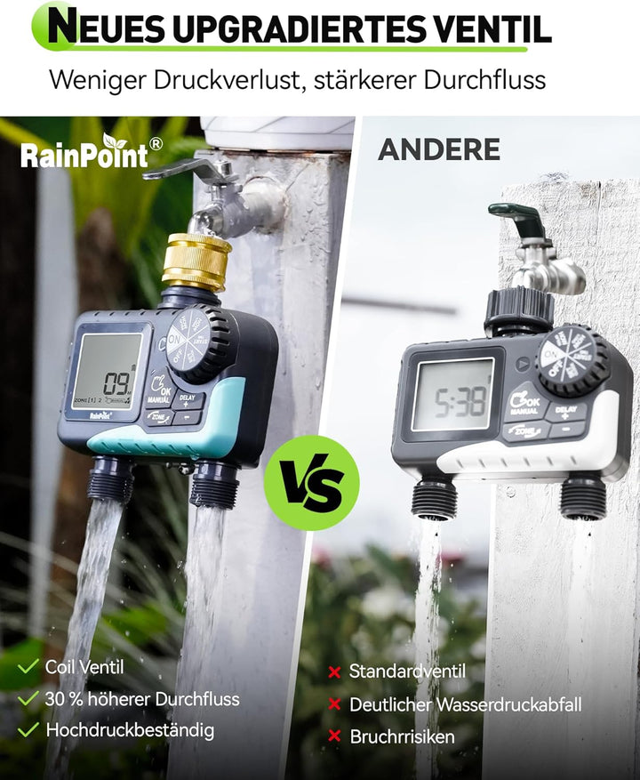 RAINPOINT Bewässerungscomputer 2 ausgängen mit Messing-Drehgelenk Regenverzögerung/manuelle/automati