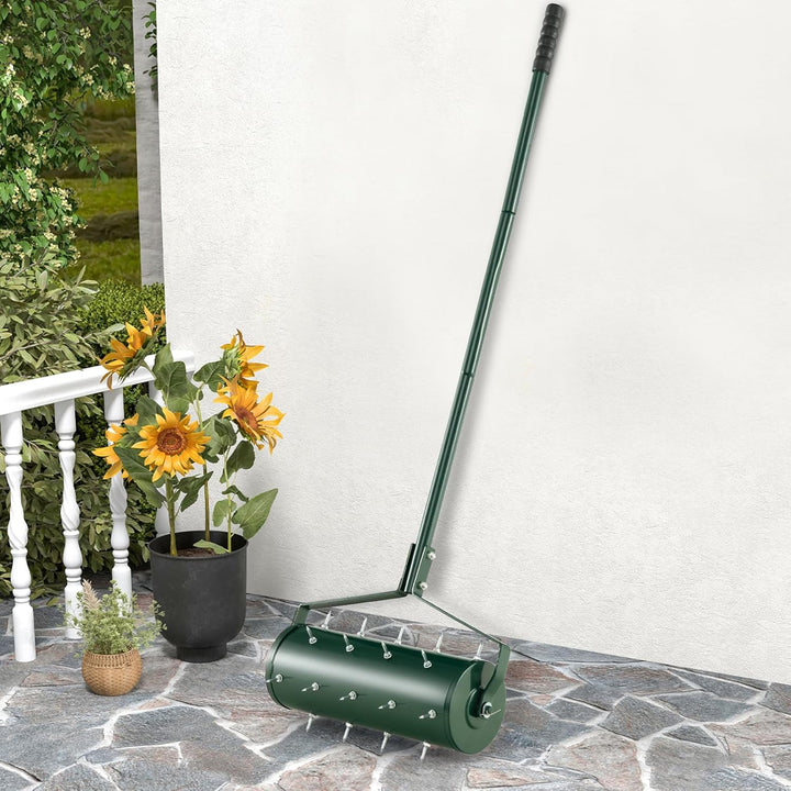 GOPLUS Rasenbelüfter, Handvertikutierer mit Stiel & 3,4cm Nägeln, rollender Aerifizierer, manueller