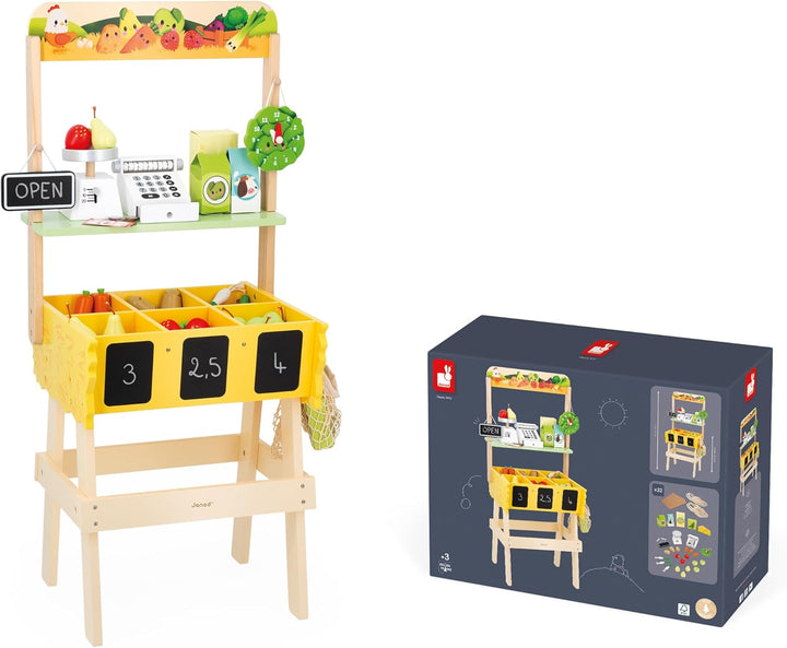 Janod - Kinder-Kaufladen Farm Market - Rollenspiel Kind - 32 Zubehörteile - Fördert die Fantasie - S