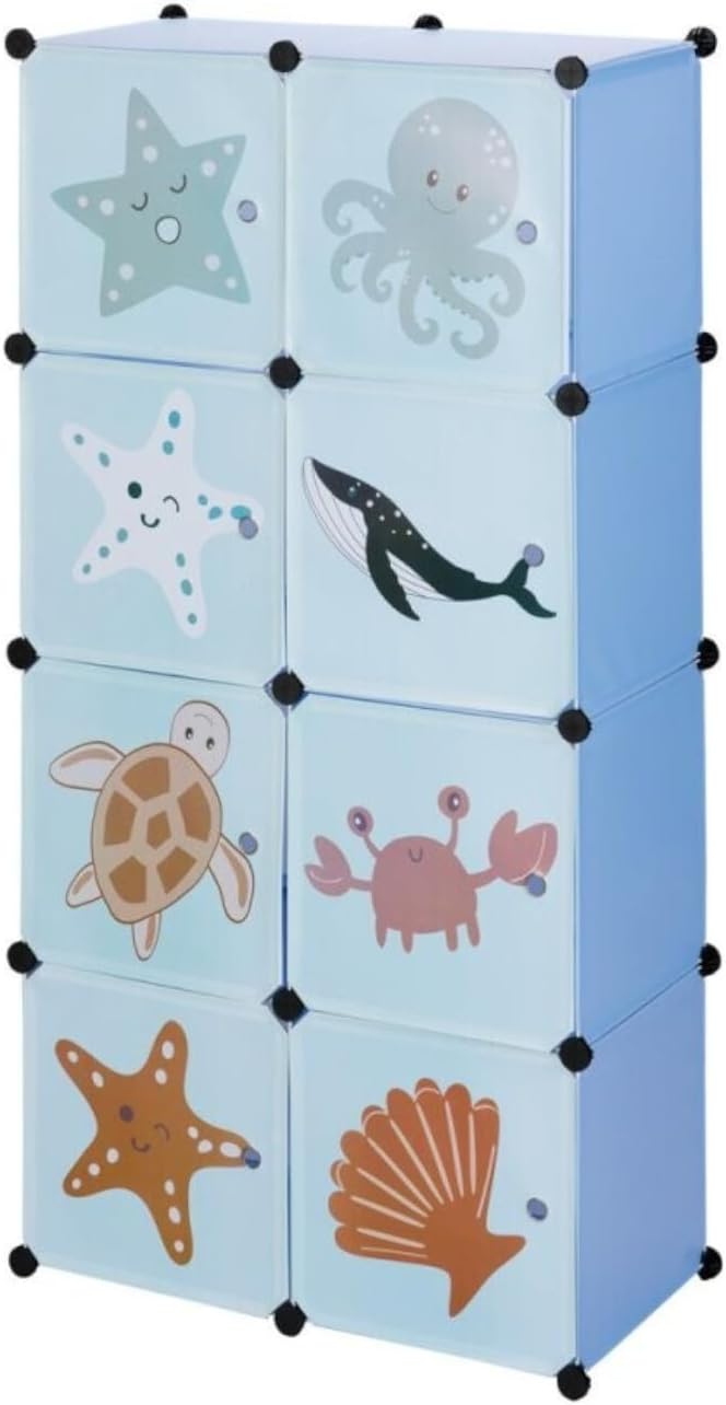 Kinder Steckregal ca. 74 × 36 × 144 cm in Unterwasser-Optik mit 8 verschliessbaren Fächern – Modular