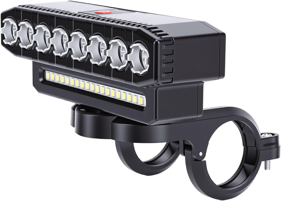Tbest Fahrradlicht, Wiederaufladbarer USB-Scheinwerfer mit Hupe, 8 LEDs, Superhell, 6 Modi, 4000 MAh