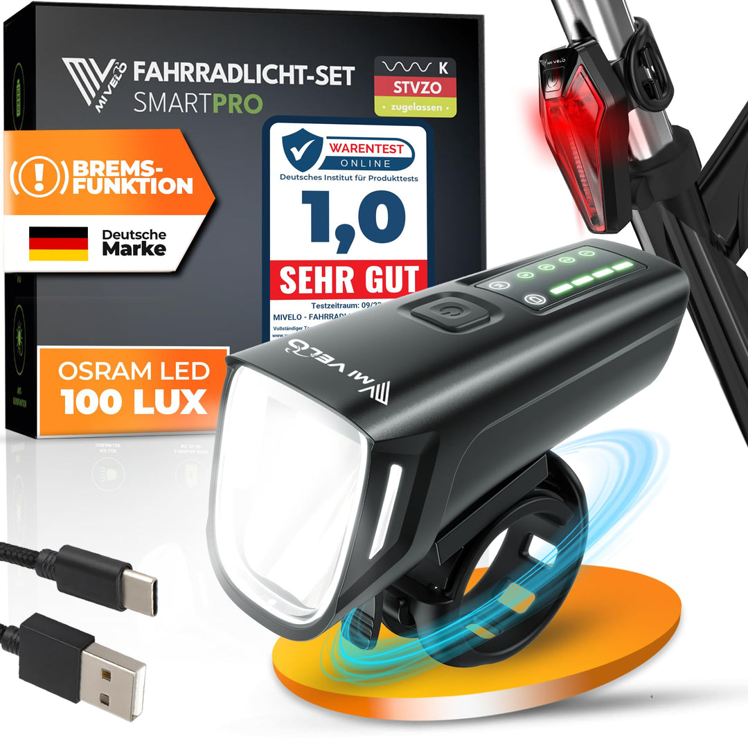 MIVELO Fahrradlicht Set mit Power-Akku, StVZO zugelassene Fahrradbeleuchtung USB aufladbar &amp; wasserd