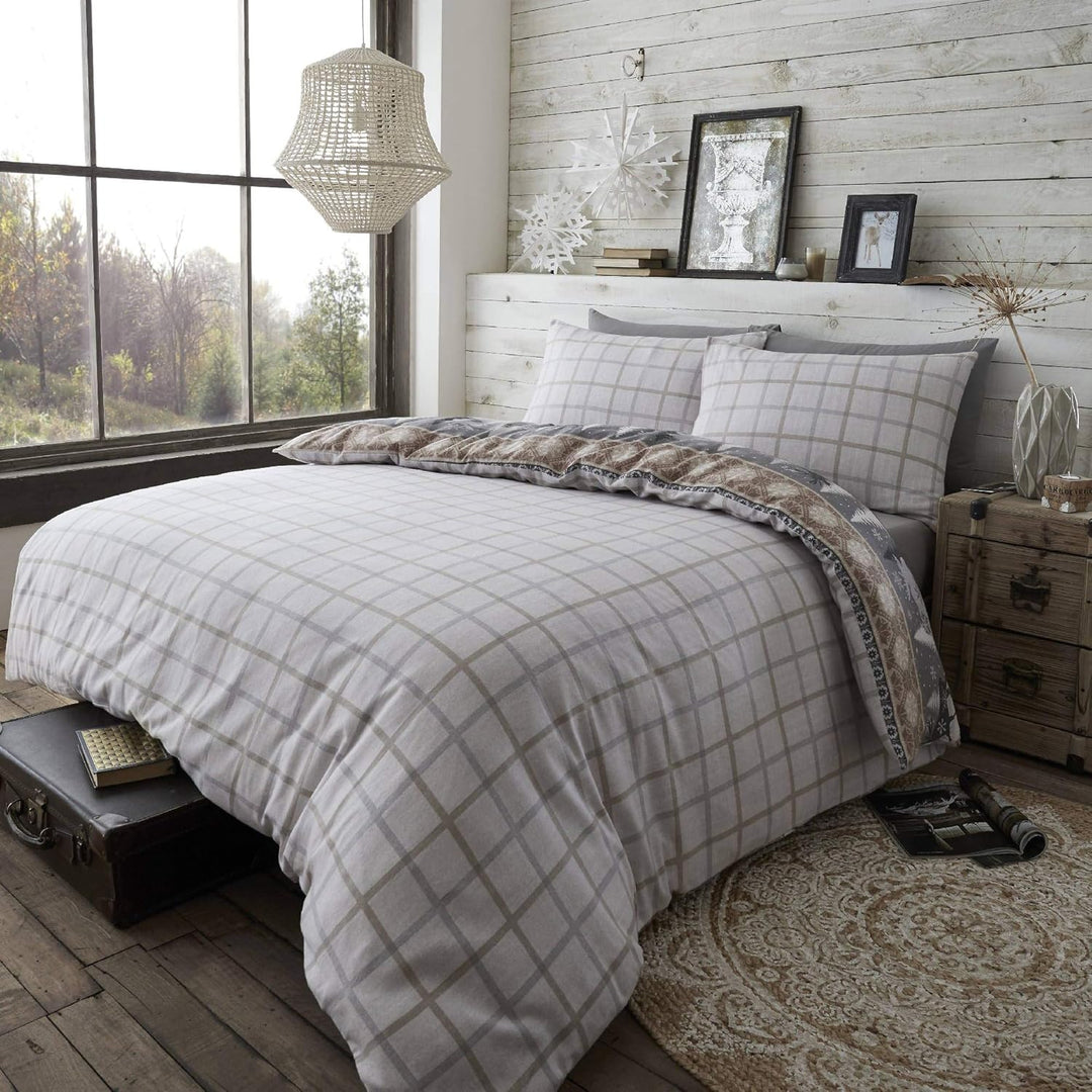 Happy Linen Company Bettwäsche-Set mit nordischem Motiv - warm &amp; wendbar - 100% angeraute Baumwolle