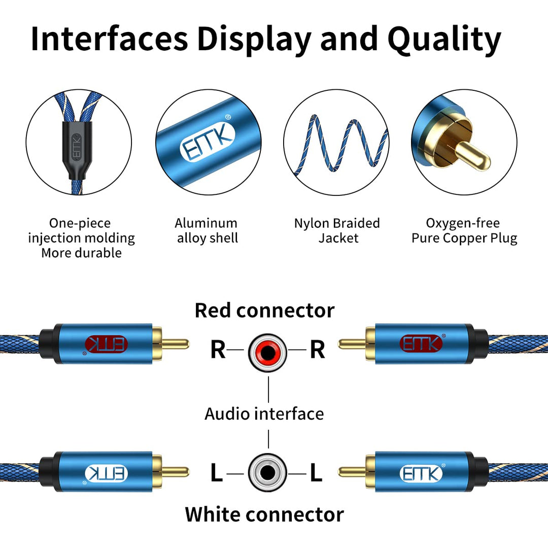 EMK 2Cinch Kabel RCA Kabel R&L, 2Cinch-Stecker auf 2 RCA Aluminiumgehäuse Nylon geflochtenes Subwoof