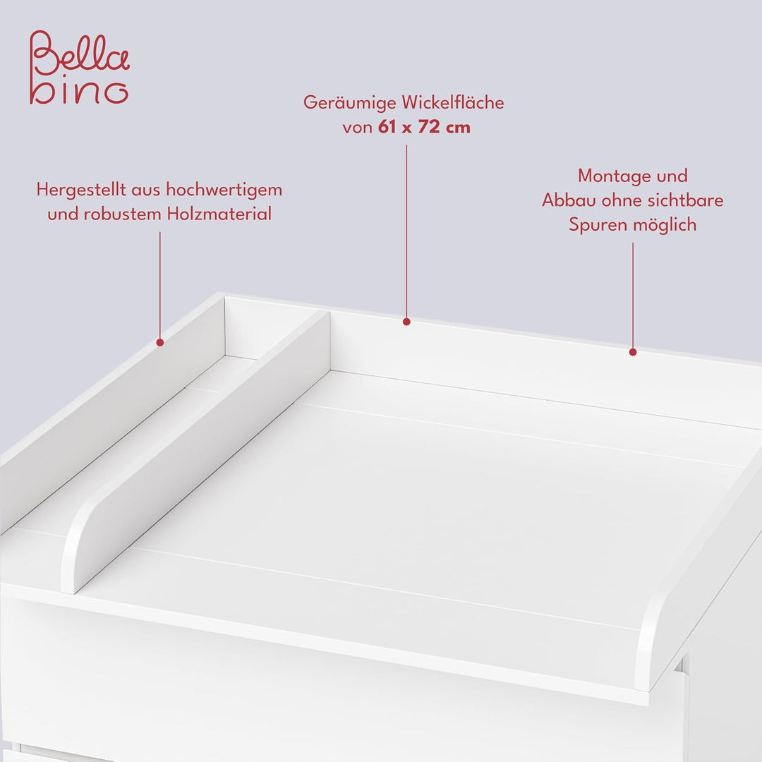 BELLABINO Oti Wickelaufsatz - Wickeltischaufsatz für Malm, Hemnes, Nordli Kommoden in weiss - Normal