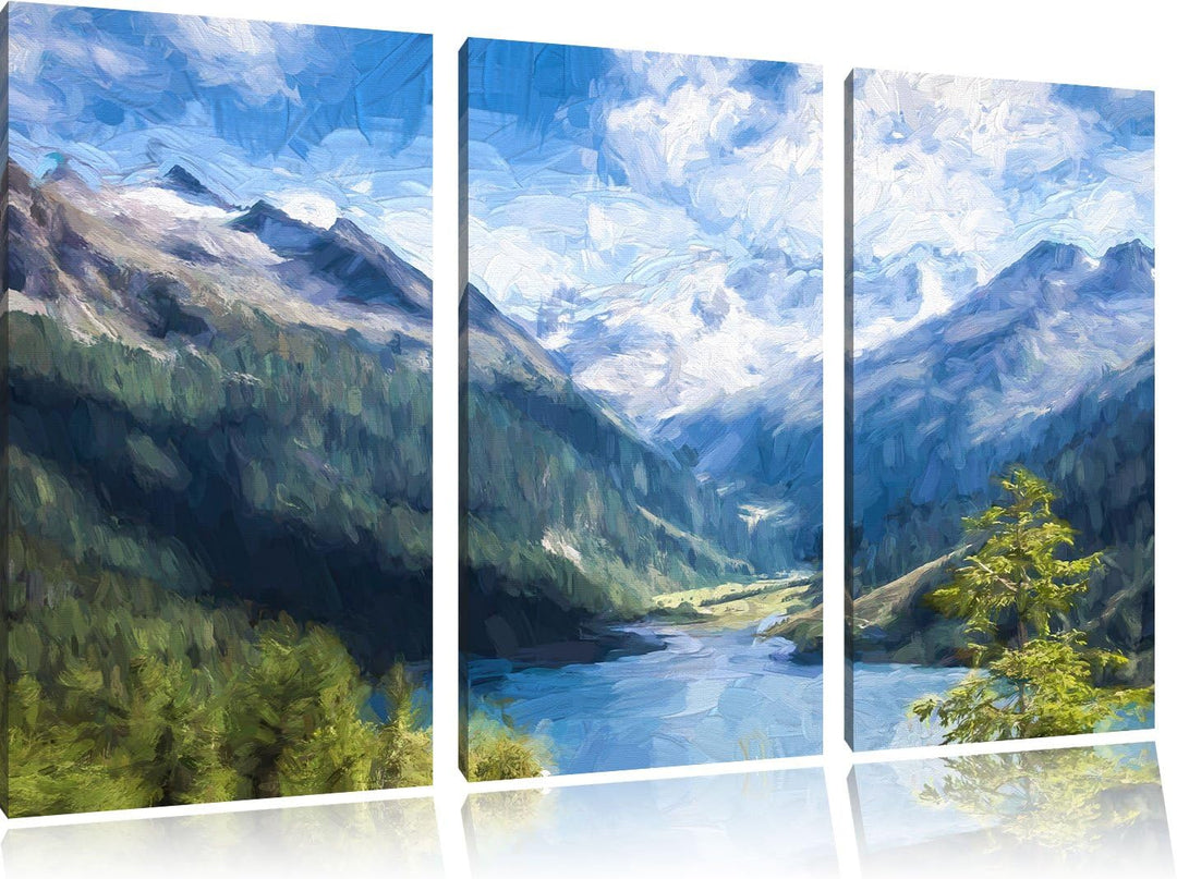 Pixxprint See zwischen Bergen Pinsel Effekt 3-Teiler Leinwandbild 120x80 Bild auf Leinwand