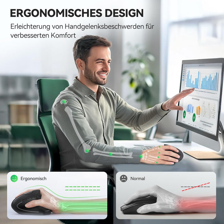 TECKNET Ergonomische Maus mit Jiggler, Kabellose Bluetooth Vertikales Maus(BT 5.0/3.0 & 2.4G) mit US