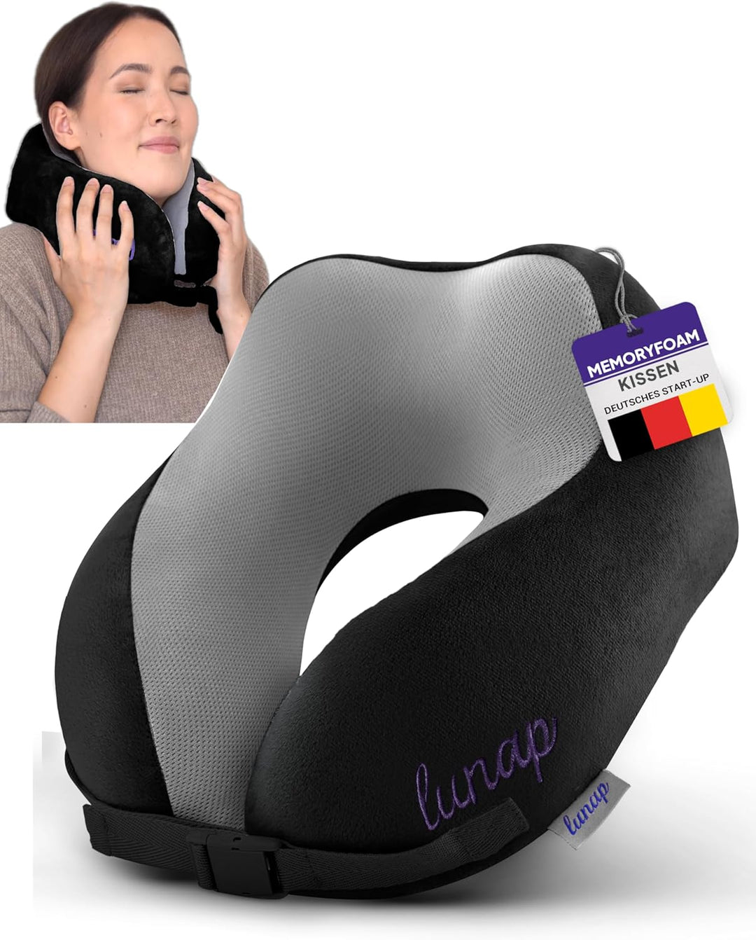 lunap Nackenkissen Flugzeug | Reisekissen Memory Foam atmungsaktiv + waschbar | Nackenhörnchen | Rei