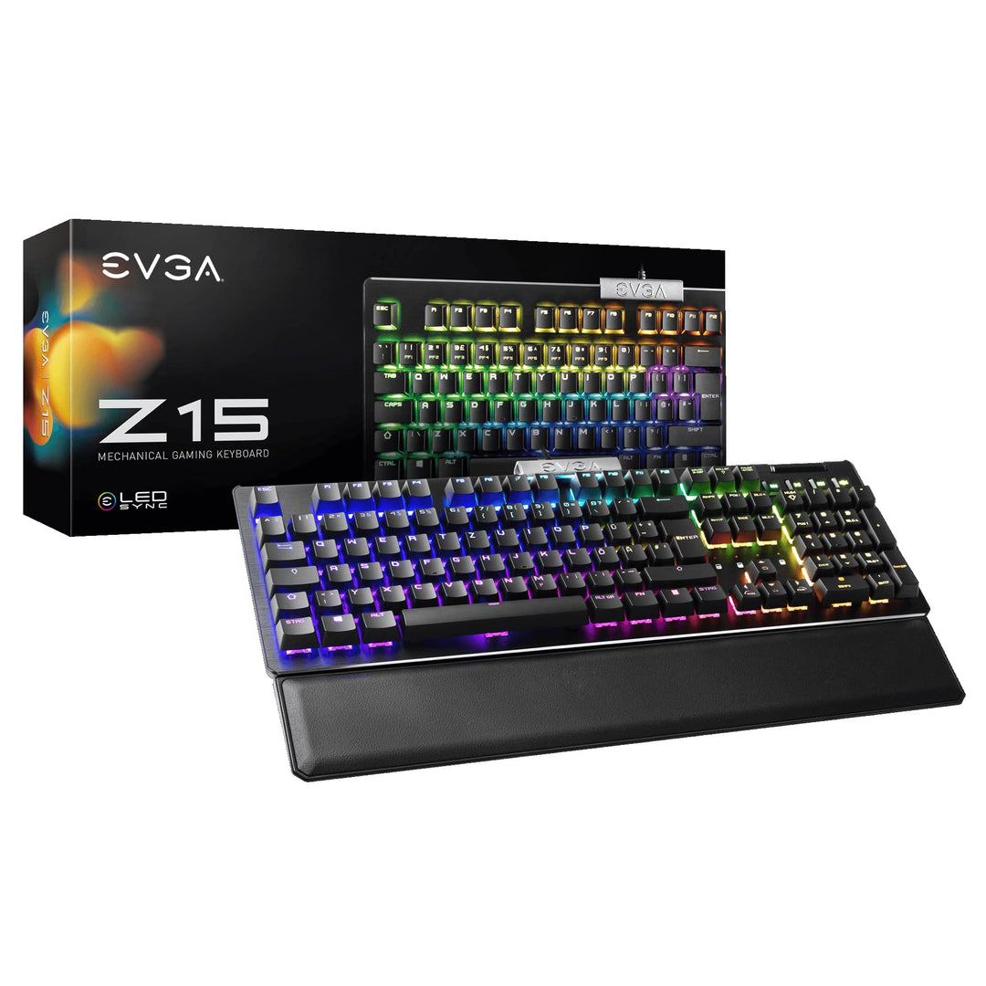 EVGA Z15 RGB Gaming Keyboard, RGB Backlit LED, Hot Swappable Mechanical Kailh Speed Silver Switches