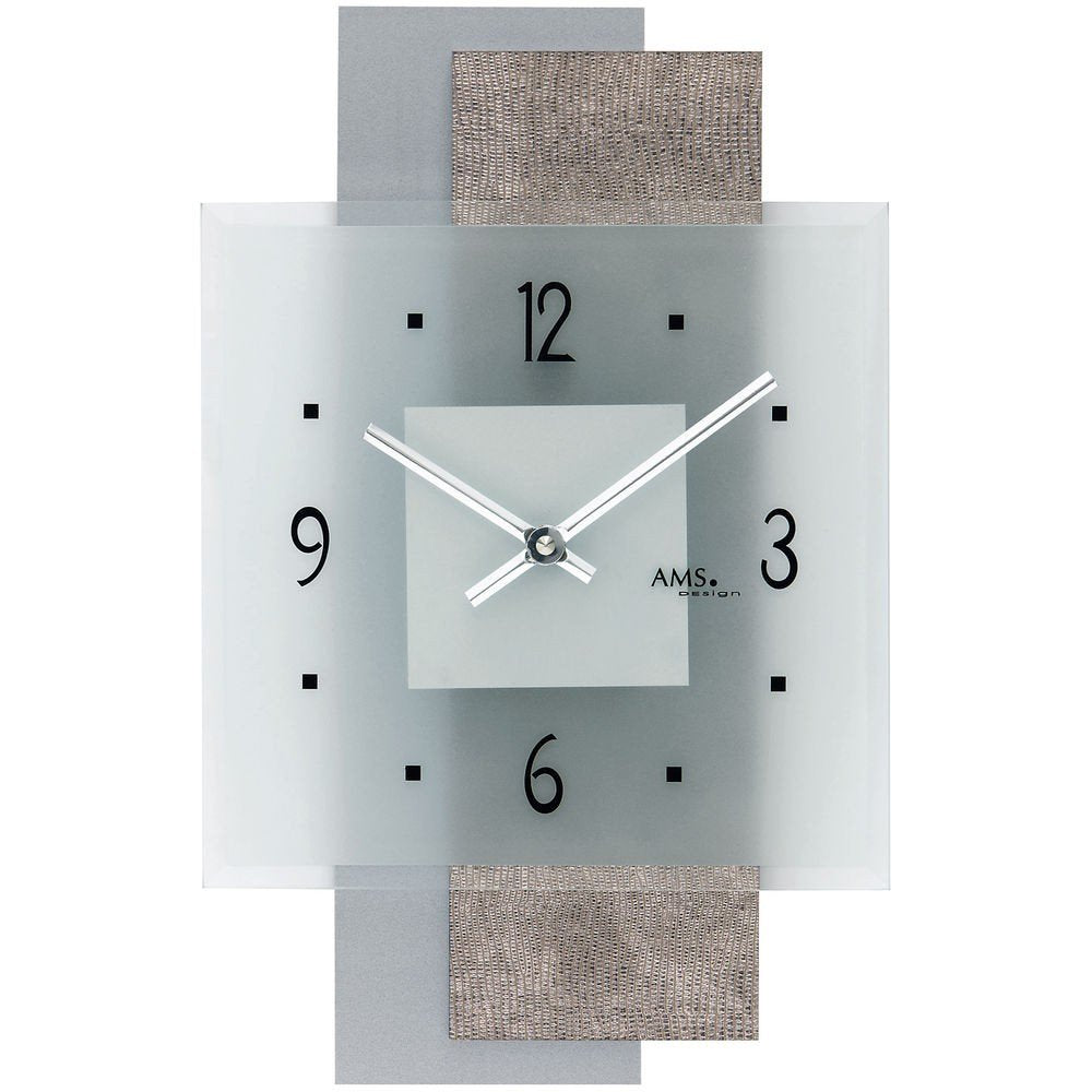 AMS 9443 Quarz Wanduhr Quarzuhr mit Ebenen Design- Kunstleder auf Holzrückwand Mineralglas chromfarb