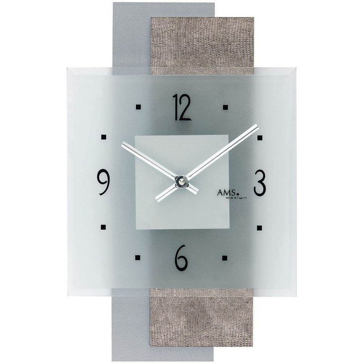 AMS 9443 Quarz Wanduhr Quarzuhr mit Ebenen Design- Kunstleder auf Holzrückwand Mineralglas chromfarb