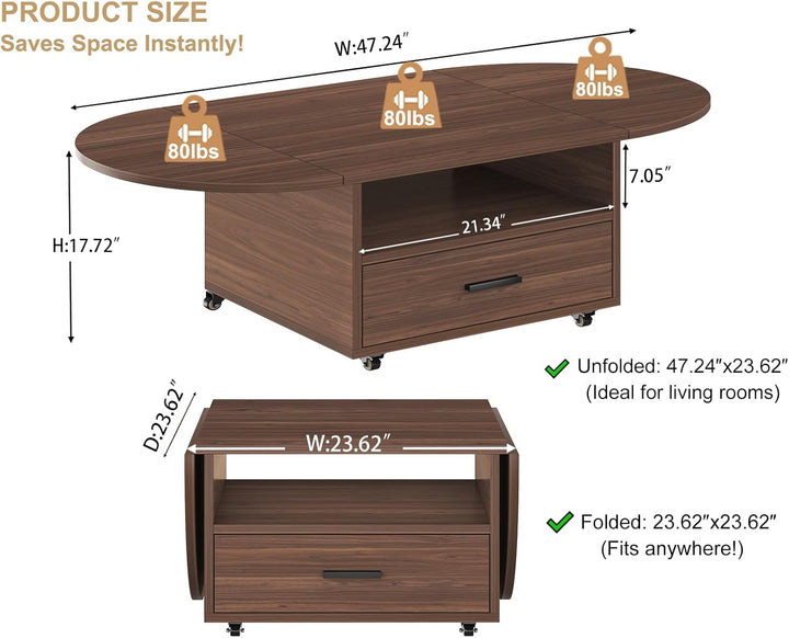 IBF Oval Couchtisch mit Stauraum Holz Wohnzimmer Tisch mit Schublade Klappbarer Couchtisch Für Schla
