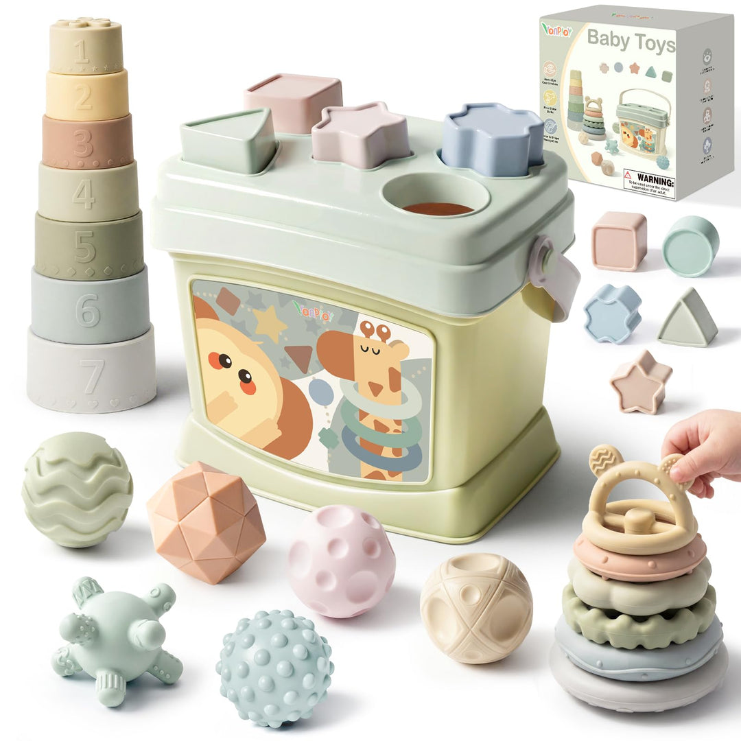 Vanplay Babyspielzeug ab 6 Monate, Montessori Spielzeug Baby 4 IN 1 Motorikspielzeug, Stapelbecher,