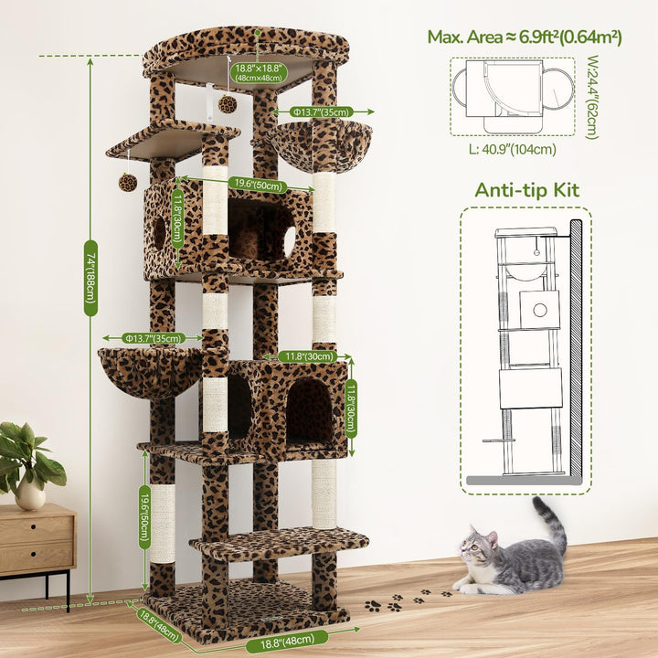 Globlazer Kratzbaum Grosse Leoparden 188 cm mit 2 Grosser Katzenhaus 50 * 30 * 30CM, Extragross Gepo