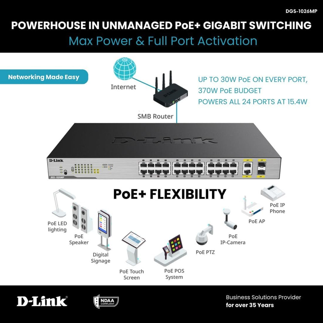 D-Link DGS-1026MP Layer2 PoE+ Gigabit Switch (26-Ports, davon 24 x 10/100/1000 Mbit/s PoE-Ports und