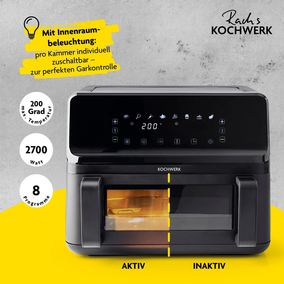 Rachs KOCHWERK Vario-Doppelkammer Heissluftfritteuse 9 L | Airfryer mit teilbarer Kammer, Touchscree