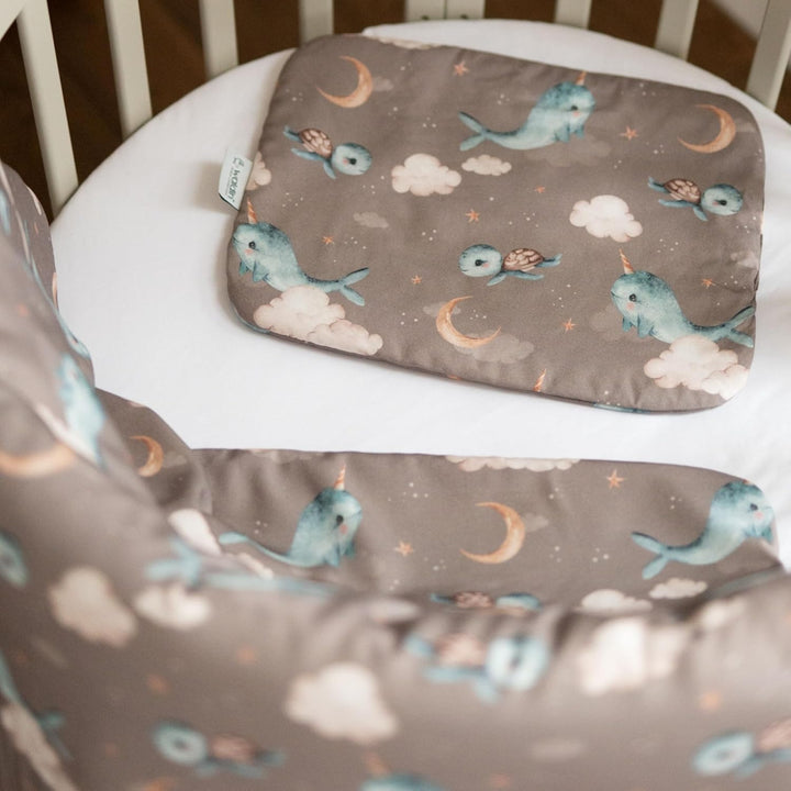 Waldin Baby Kinder Bettwäscheset 100% Bambus, ohne Bezug, Hypoallergen, Decke und Kissen, Wale/Braun