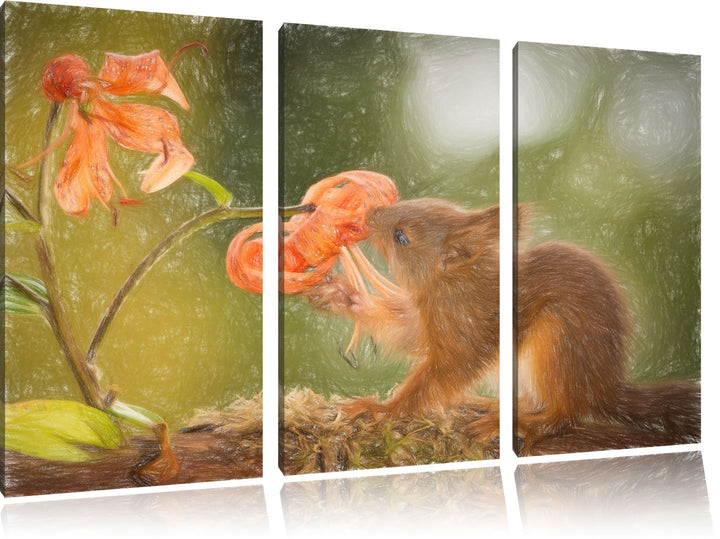 Pixxprint Eichhörnchen riecht an Einer Blume / 3-Teilig/Gesamtmass 120cm Leinwandbild bespannt auf H
