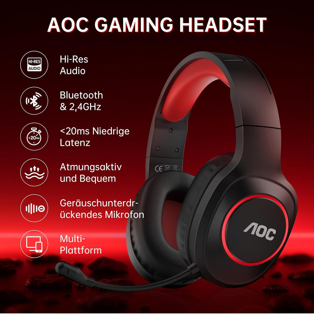 AOC Gaming Headset kabellos für PC, PS5, PS4, Switch, 2,4 GHz Wireless Headset mit Bluetooth 5.4 & K