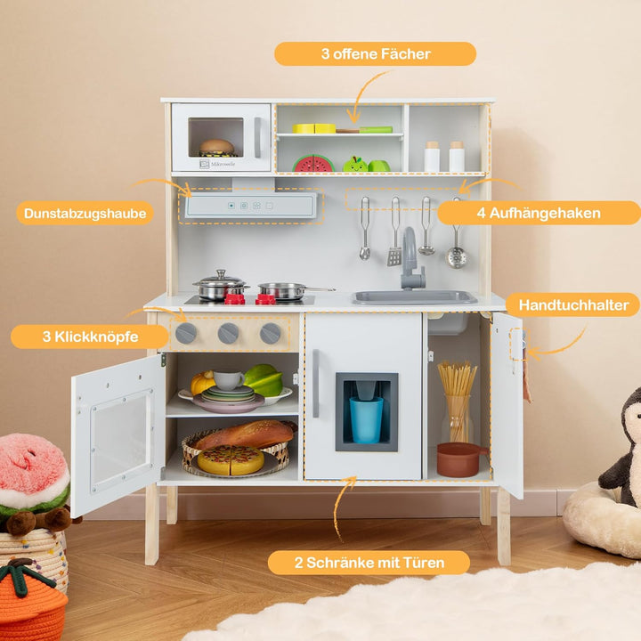 GOPLUS Kinderküche Holz, Kinderspielküche mit Mikrowelle, Spüle, Wasserhahn, Gasherde, Abzugshaube,