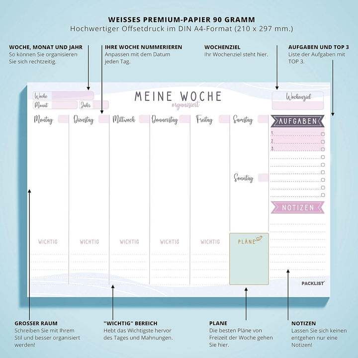 PACKLIST Wochenplaner + Monatsplaner Block A4 ohne Festes Datum. Terminplaner, Familienplaner mit Mo