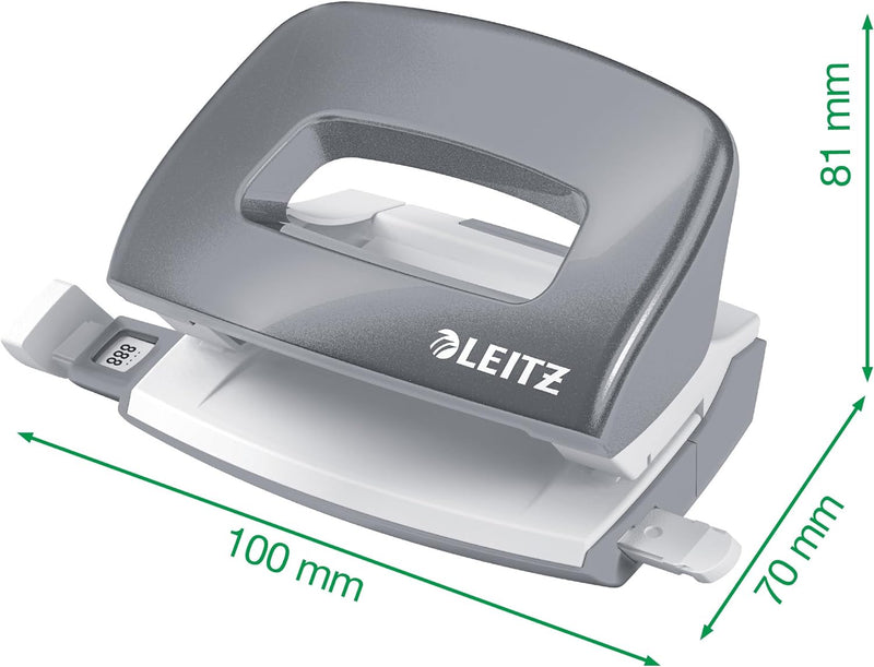 Leitz 55996062 Mini-Heftgerät-und Locher-Set (für bis zu 10 Blatt, Inkl. Heftklammern, WOW) metallic