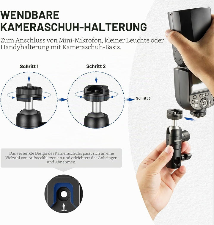 NEEWER 2X Stativ Montageadapter mit Zubehörschuh 1/4" Schraube Mini Kugelkopf, umkehrbare Montagepla