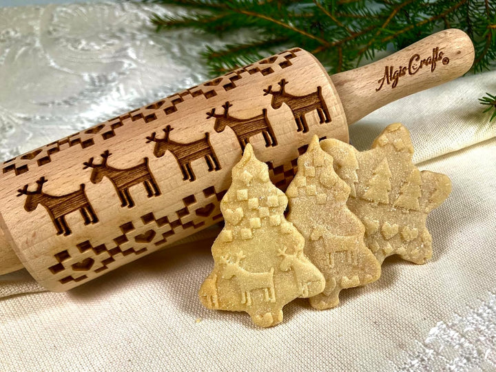 Kinder Nudelholz mit Muster Weihnachten Backen 3-er SET - Teigroller Holz für DIY Weihnachten Plätzc