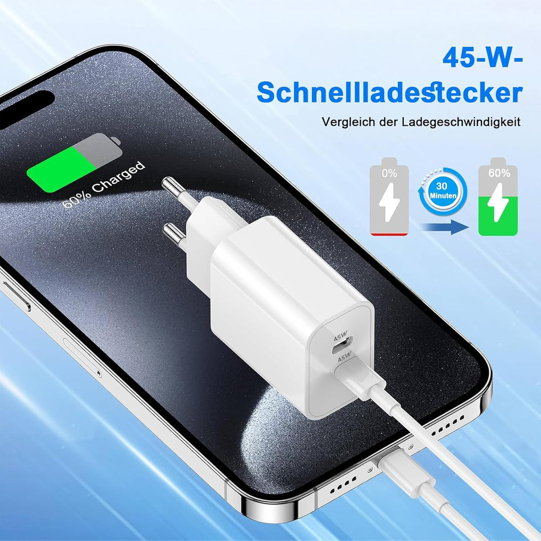 2Pack 45W Dual Port USB C Ladegerät, iPhone 17/16/15 Ladegerät mit 3M langem USB C Ladekabel, PD Sch