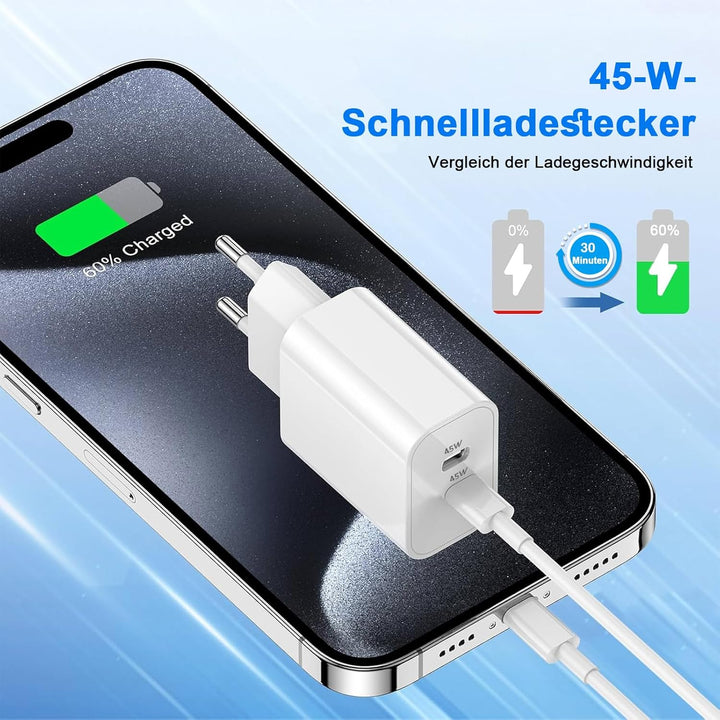 2Pack 45W Dual Port USB C Ladegerät, iPhone 17/16/15 Ladegerät mit 3M langem USB C Ladekabel, PD Sch
