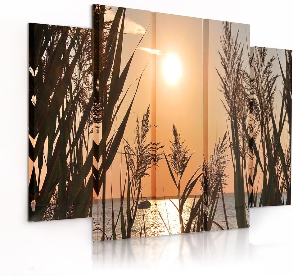 Feeby Frames, Leinwandbild Bilder Wand Bild - 5 Teile - Wandbilder Kunstdruck (SONNENUNTERGANG, GOLD