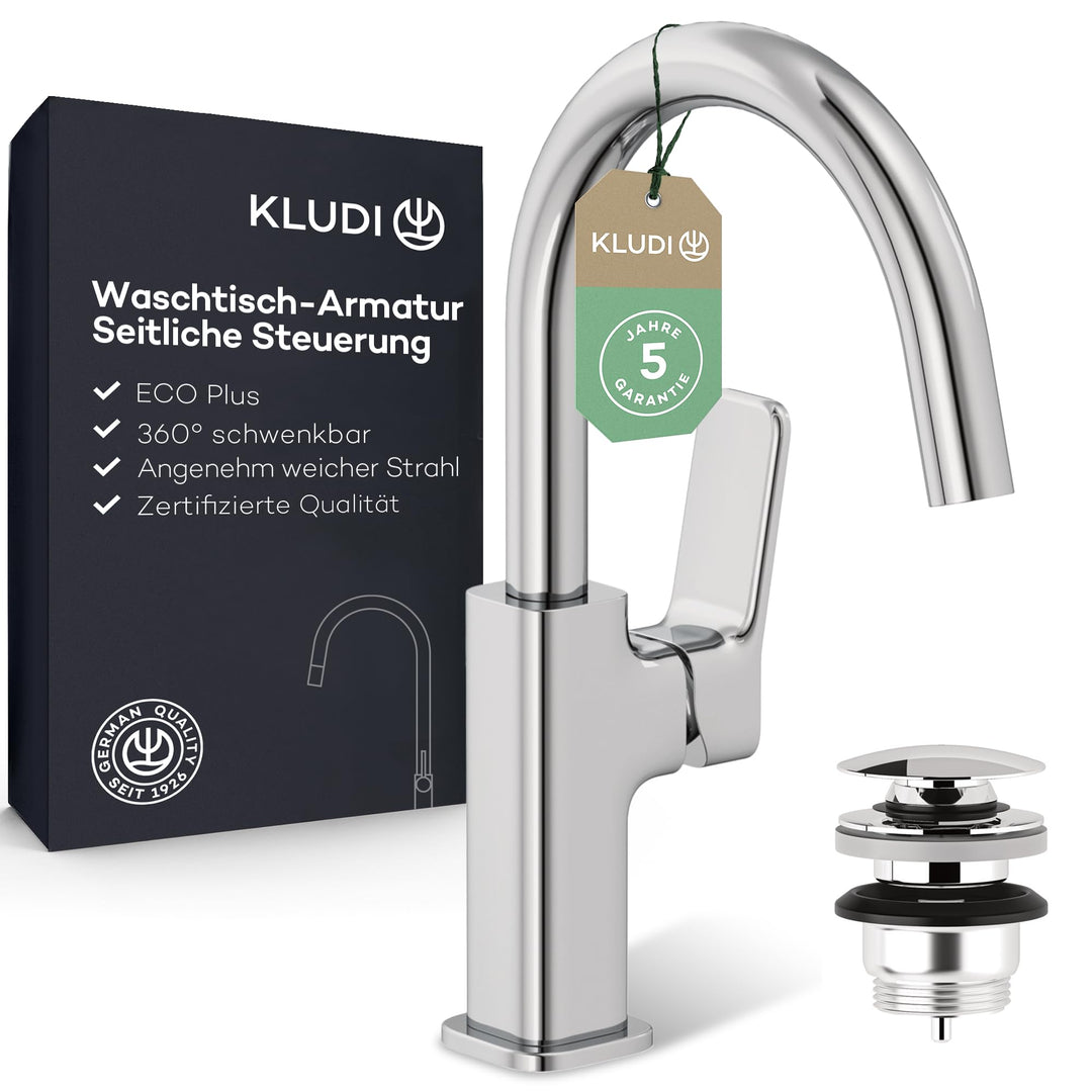 KLUDI-X3 Waschtischarmatur mit Push-Open Ablaufgarnitur, 360° schwenkbar, Auslaufhöhe 180 mm, wasser