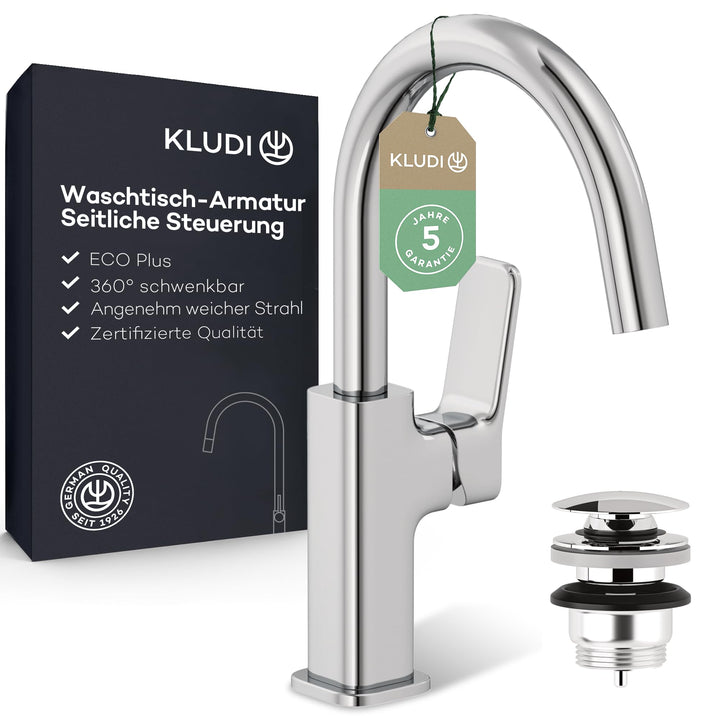 KLUDI-X3 Waschtischarmatur mit Push-Open Ablaufgarnitur, 360° schwenkbar, Auslaufhöhe 180 mm, wasser
