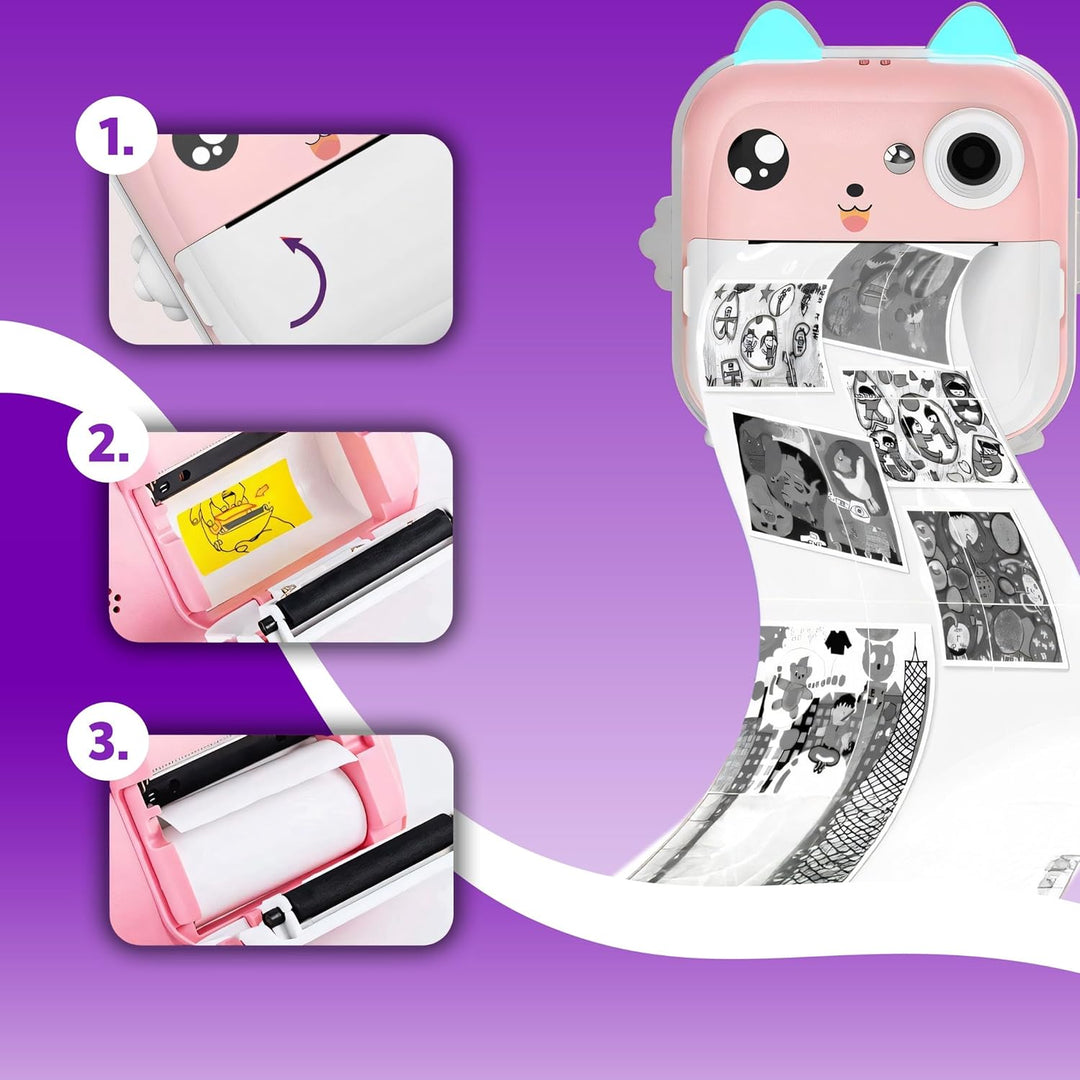 Retoo Kinderkamera mit 11 Rollen, Mini Taschendrucker, Sofortbildkamera 1080P – Mobiler Fotodrucker,