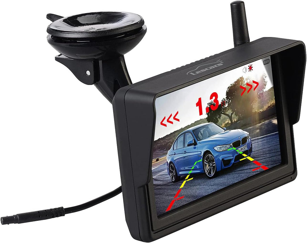 Lescars Rückfahrkamera: Solar-Funk-HD-Rückfahrcam Nummernschildhalter, Monitor, Abstandswarner (Rück