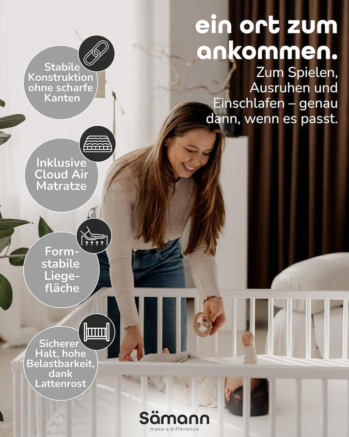 Sämann Laufstall Baby mit Matratze Cloud Air & Lattenrost | stufenlos höhenverstellbar | Laufgitter