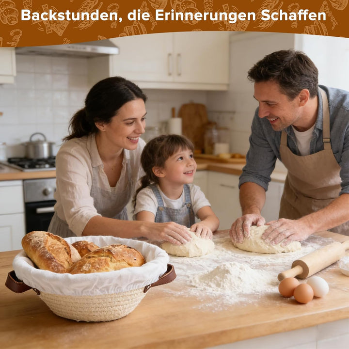 Gärkorb Brot Set, Gärkörbchen Baumwollseil Rund 23 cm mit Griff, Inklusive Gärfolie, Bäckermesser, T
