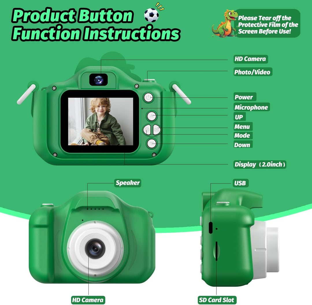 Kinderkamera, Dinosaurier Selfie Digital Kamera mit 32GB Karte, Weihnachts Geburtstagsgeschenk für J