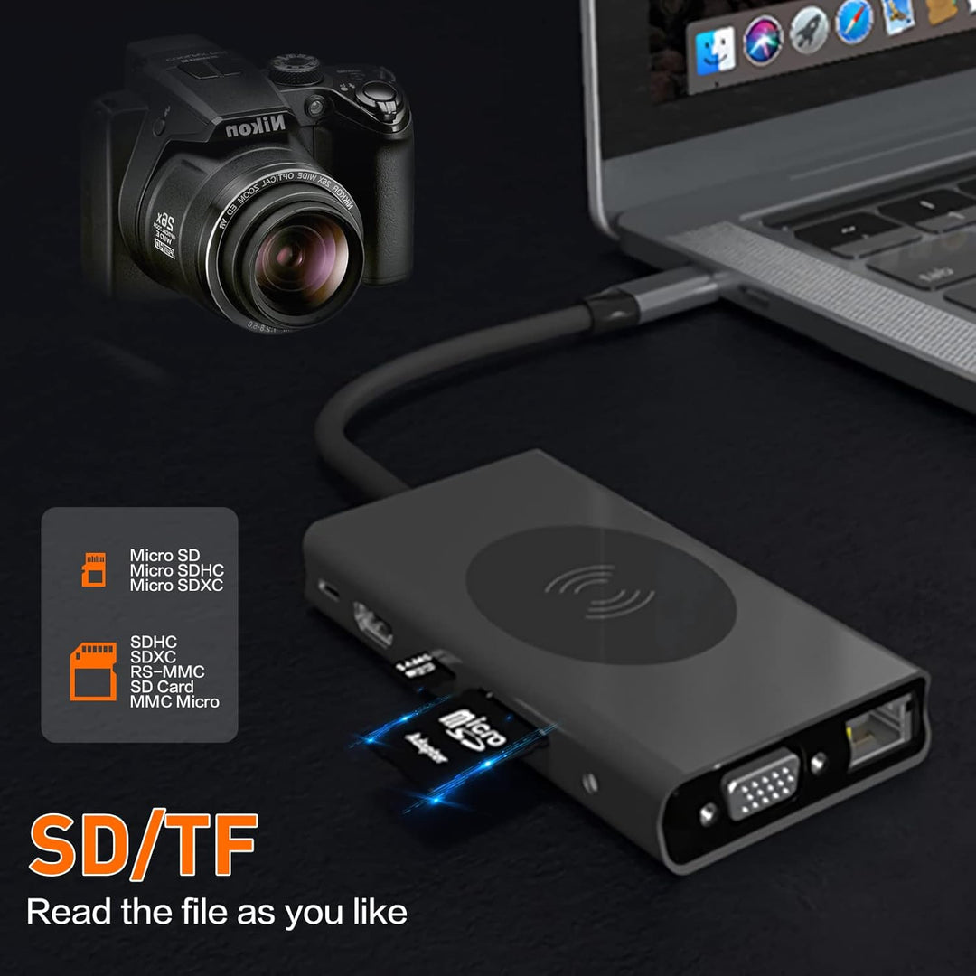 HUB Dongle mit kabellosem Laden, 13 in 1 Docking Station Adapter mit 4K-HDMI, VGA, 2×USB3.0, USB C 3