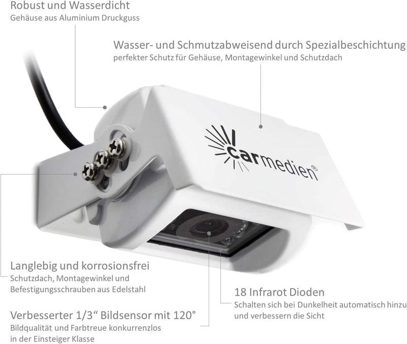 Carmedien Rückfahrkamera IR18W 120° IP68 Rückfahr Kamera für Wohnmobil Transporter LKW weiss 12V 24V