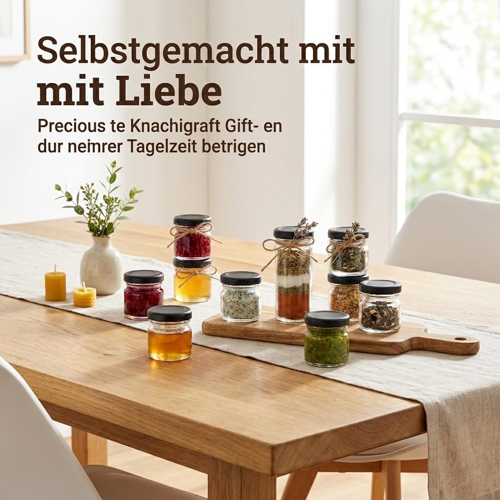 gouveo 48er Set Einmachgläser 30 ml (0,03 l) Mini mit Schraubverschluss schwarz-matt – Runde Mini Vo