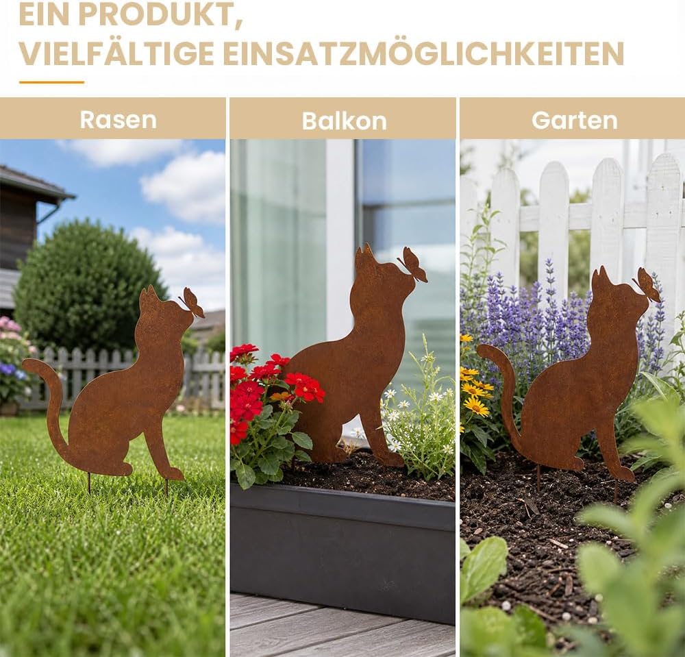 Gartenstecker Rost Katze mit Schmetterling, Gartenstecker Metall, Gartendeko Rost für Draussen, Edel
